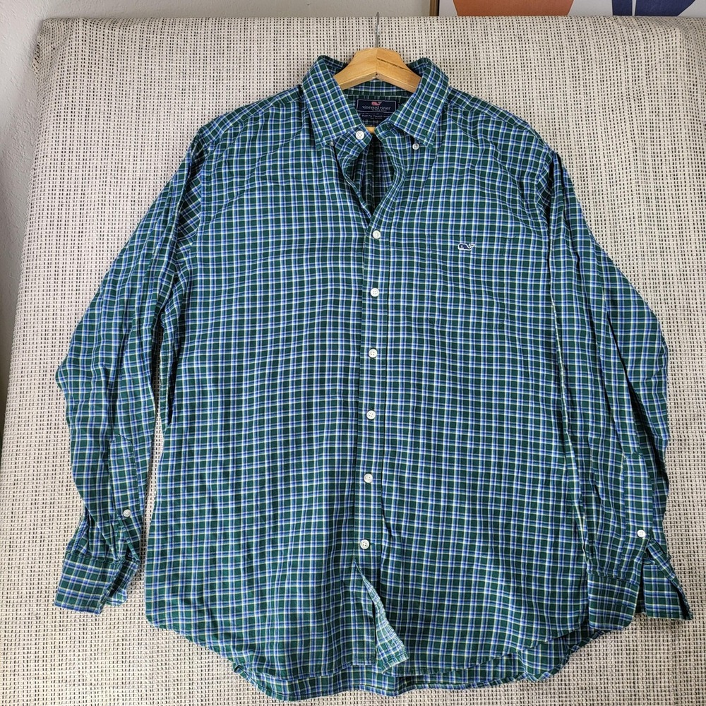 Vineyard Vines Shirt Mens XL Blue Green Plaid Slim Fit Tucker 100% Cotton Casual